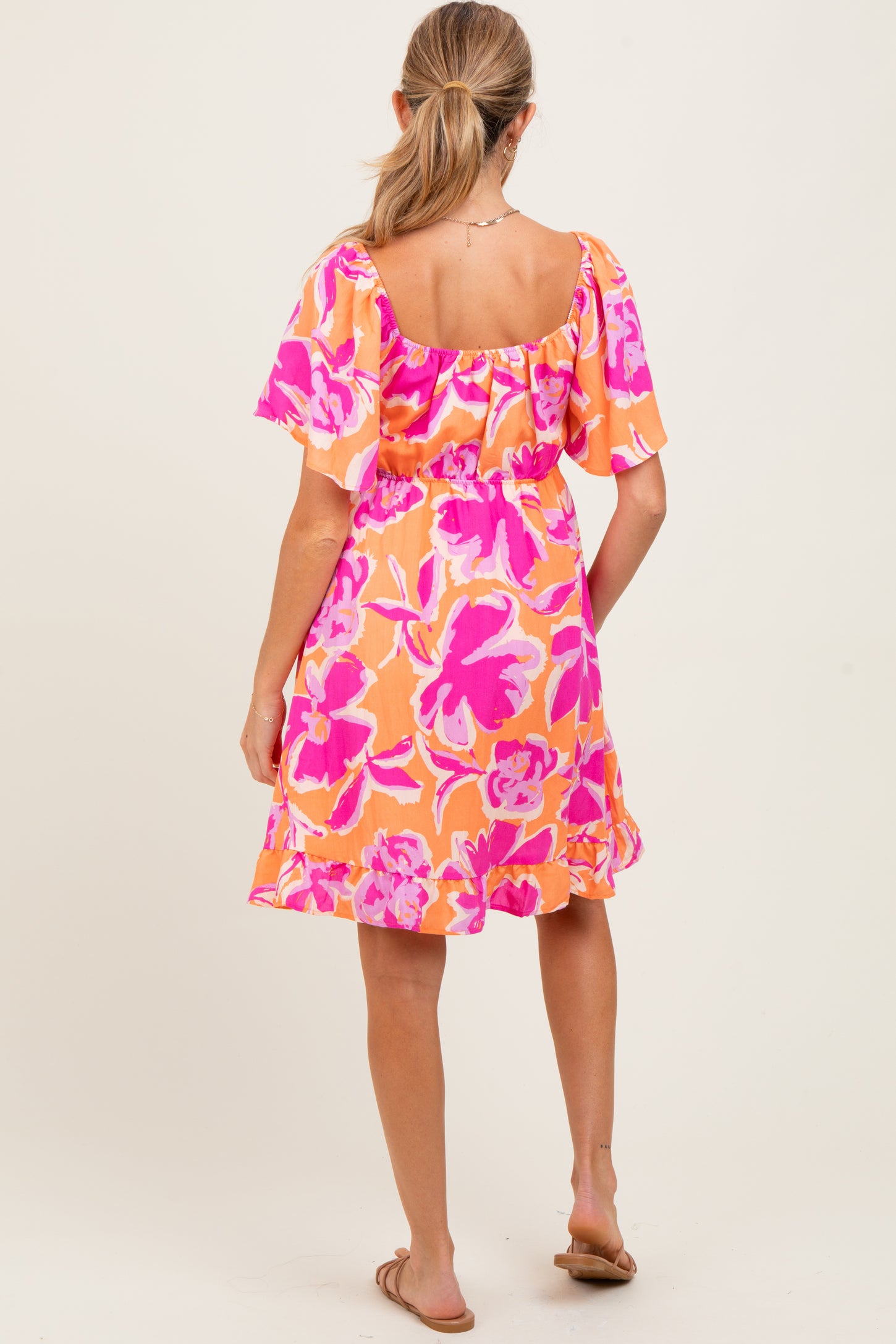 orange maternity floral dress Hello Miz Maternity Floral Off-the-Shoulder Ruffle Bodycon Dress