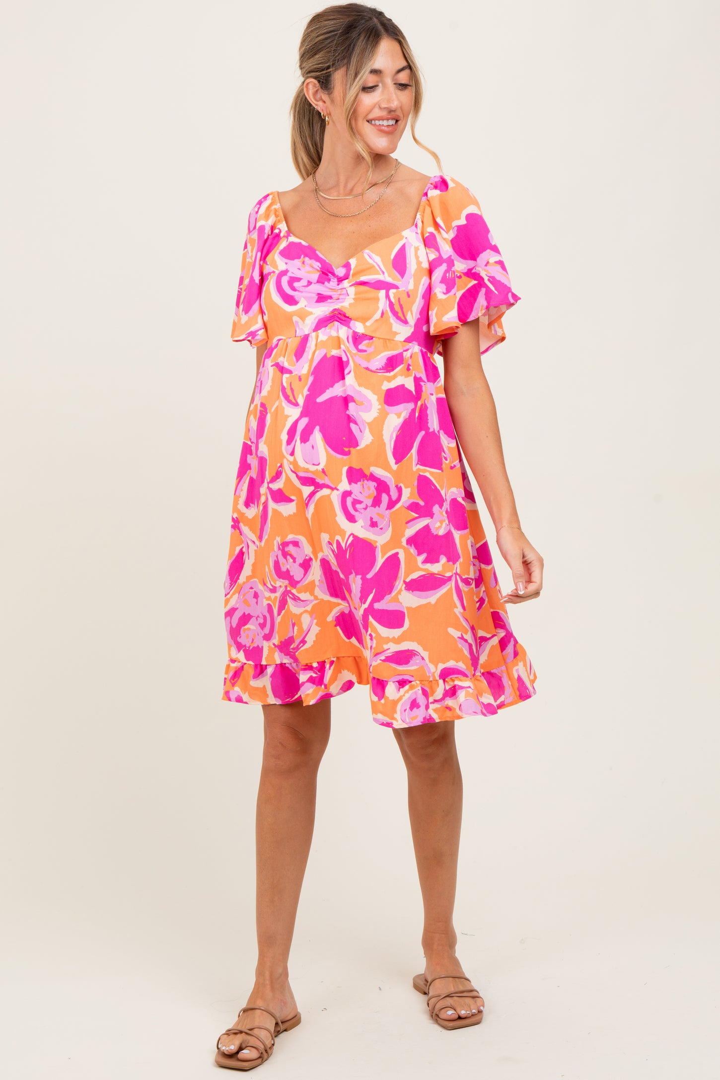 Orange Abstract Floral Cinch Bust Maternity Dress