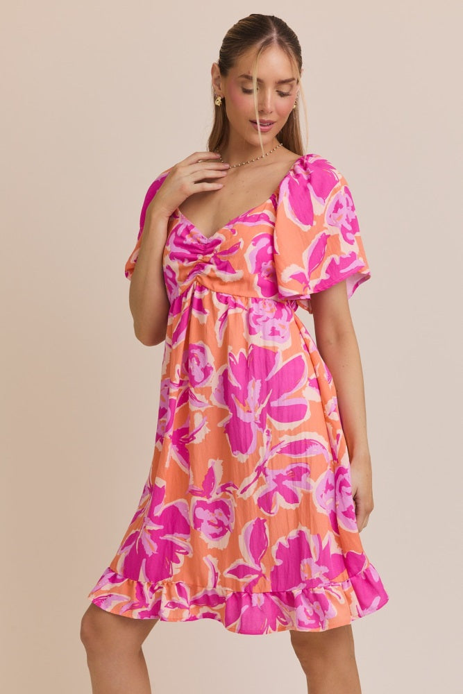 Orange Abstract Floral Cinch Bust Dress