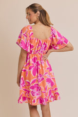 Orange Abstract Floral Cinch Bust Dress