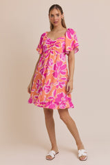 Orange Abstract Floral Cinch Bust Dress