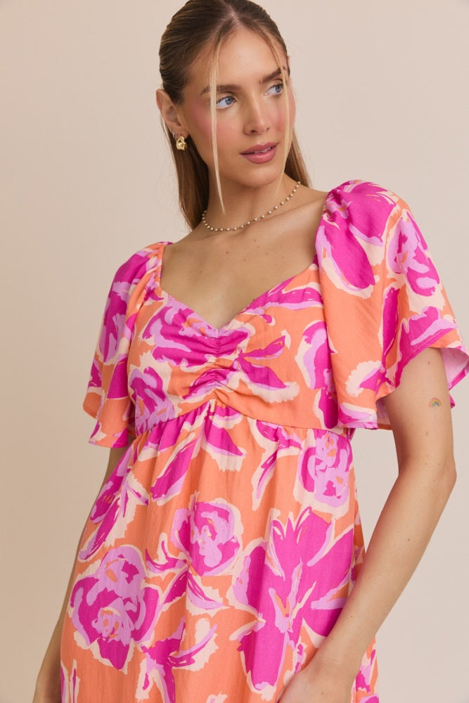 Orange Abstract Floral Cinch Bust Dress