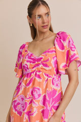 Orange Abstract Floral Cinch Bust Dress