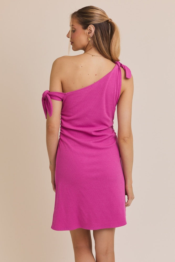 Magenta One Shoulder Tie Sleeveless Dress Magenta One Shoulder Tie Sleeveless Dress