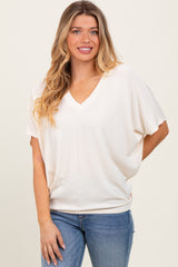 Cream V-Neck Crepe Knit Top