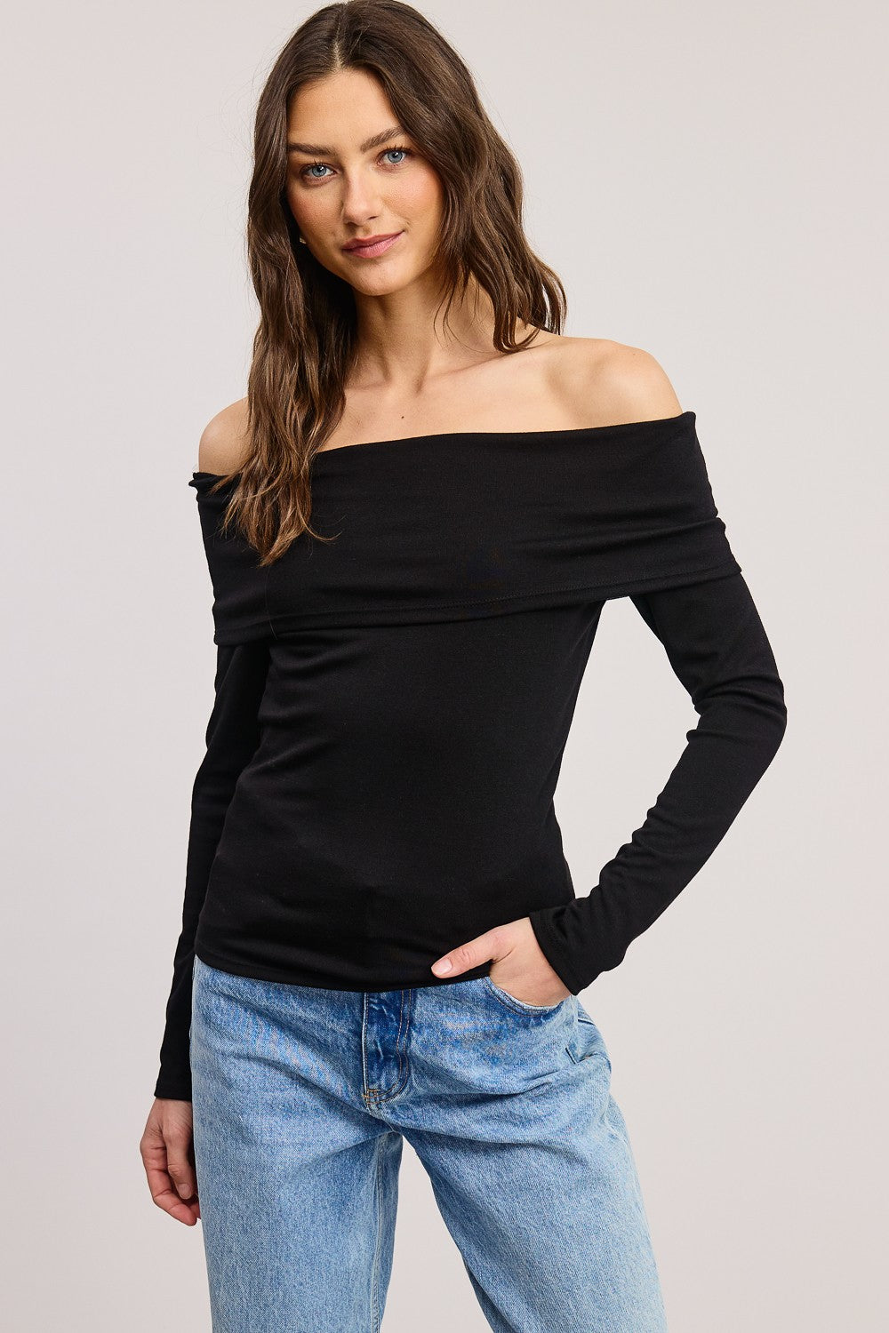 Black Off Shoulder Foldover Long Sleeve Top