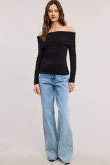 Black Off Shoulder Foldover Long Sleeve Top