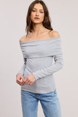 Heather Grey Off Shoulder Foldover Maternity Long Sleeve Top