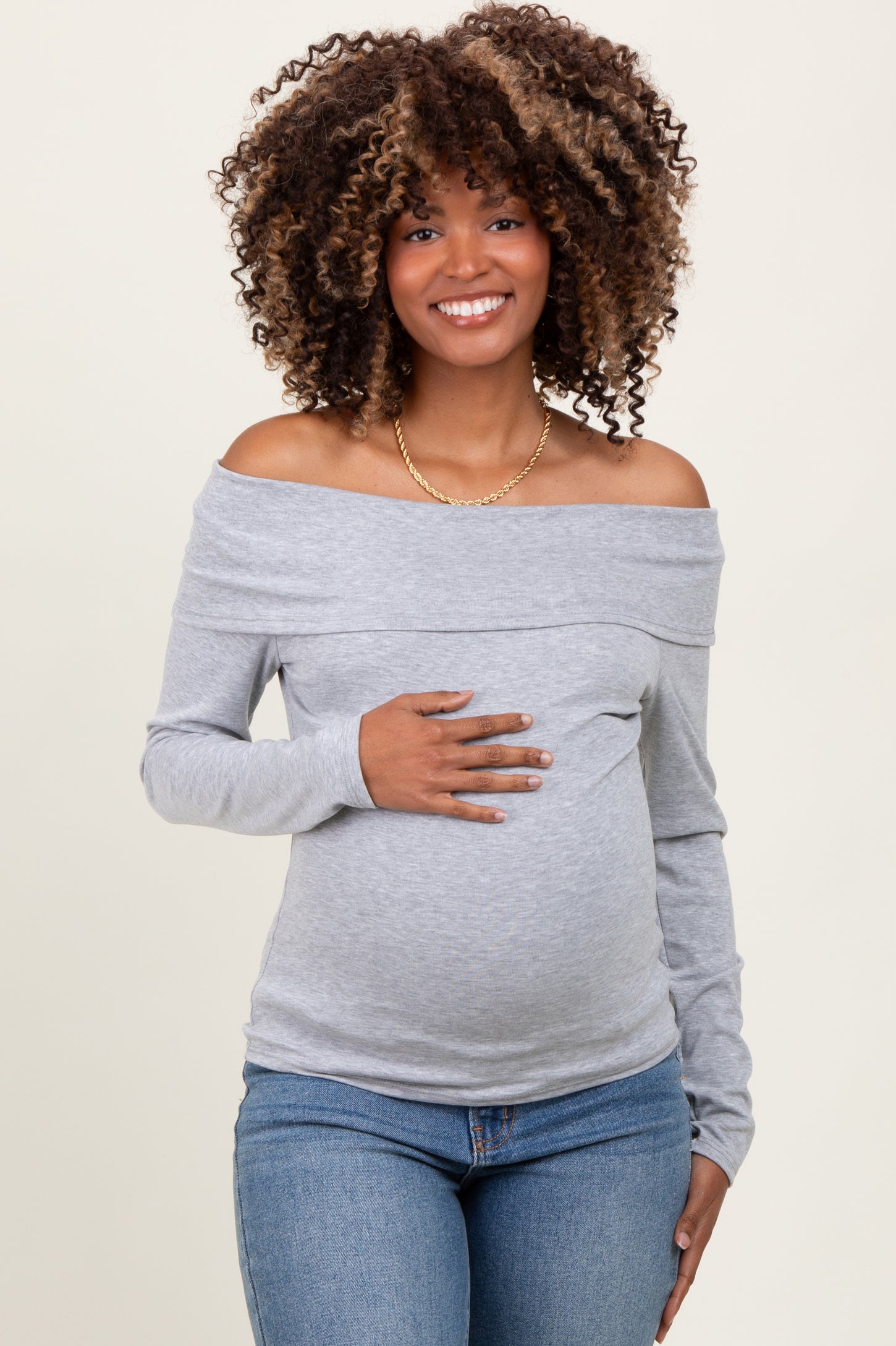 Heather Grey Off Shoulder Foldover Maternity Long Sleeve Top