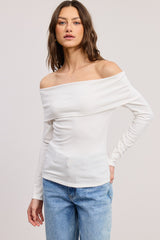 White Off Shoulder Foldover Maternity Long Sleeve Top