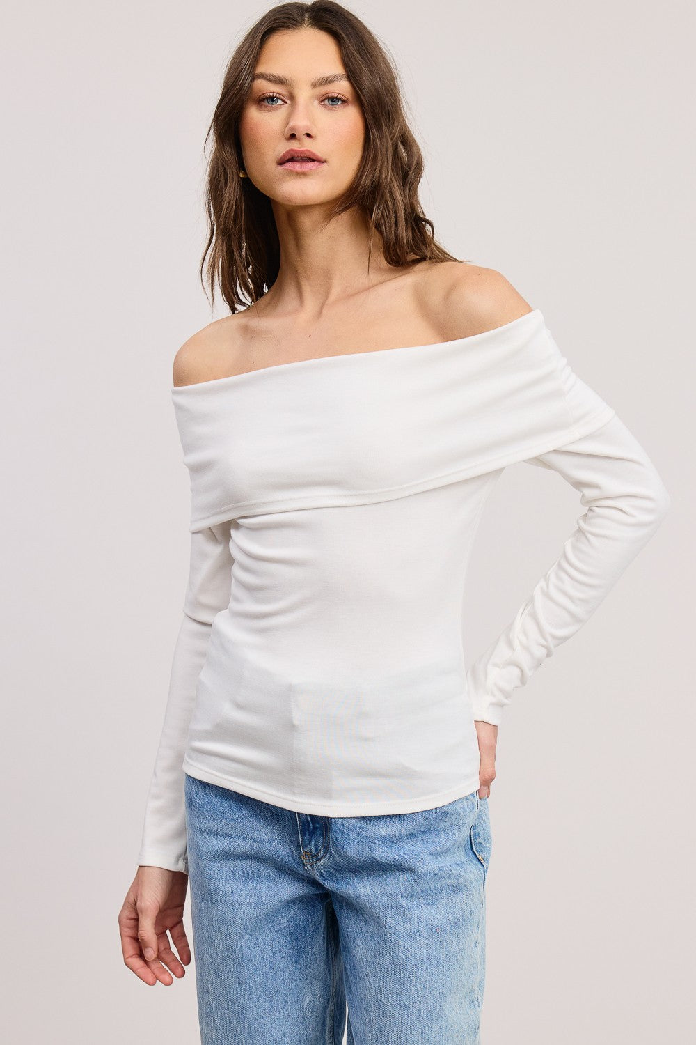White Off Shoulder Foldover Long Sleeve Top