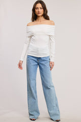 White Off Shoulder Foldover Long Sleeve Top