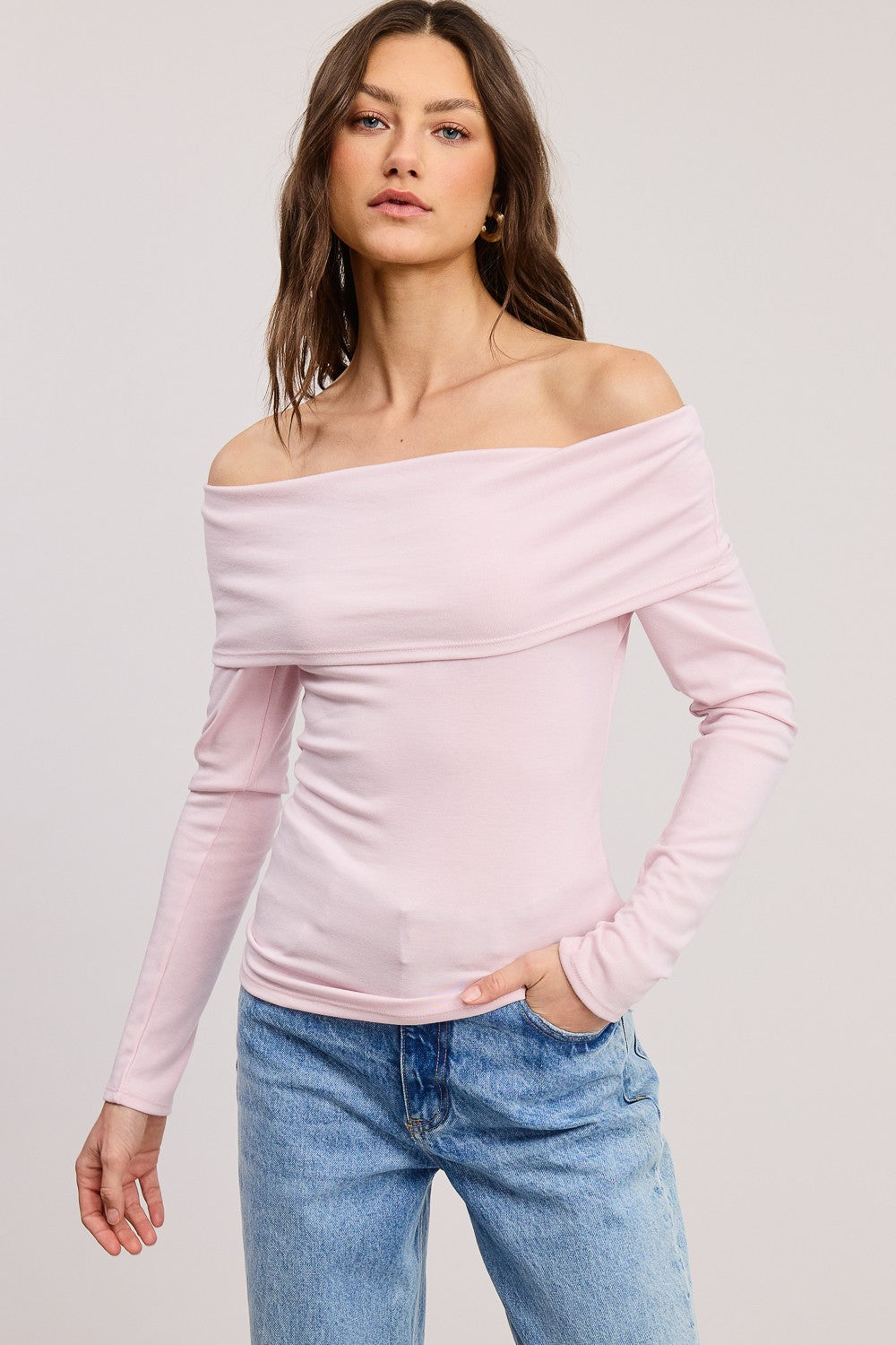 Pink Off Shoulder Foldover Long Sleeve Top