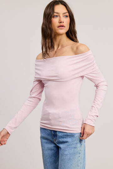 Pink Off Shoulder Foldover Long Sleeve Top