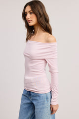 Pink Off Shoulder Foldover Long Sleeve Top