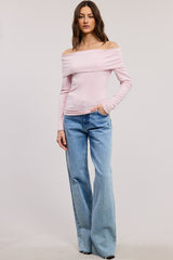 Pink Off Shoulder Foldover Long Sleeve Top