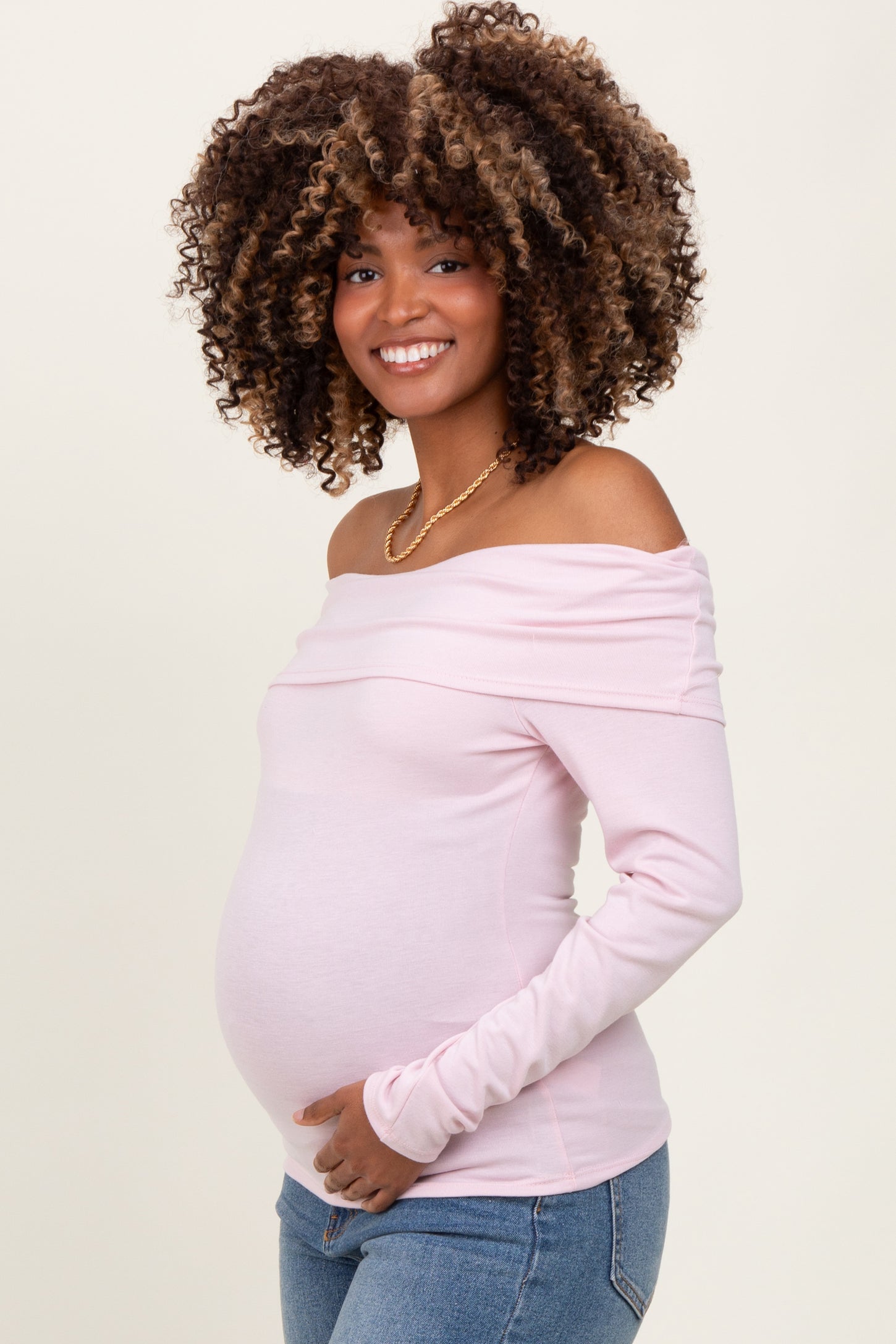 Pink Off Shoulder Foldover Maternity Long Sleeve Top