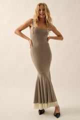 Taupe Knit Tie Detail Sleeveless Mermaid Maxi Dress