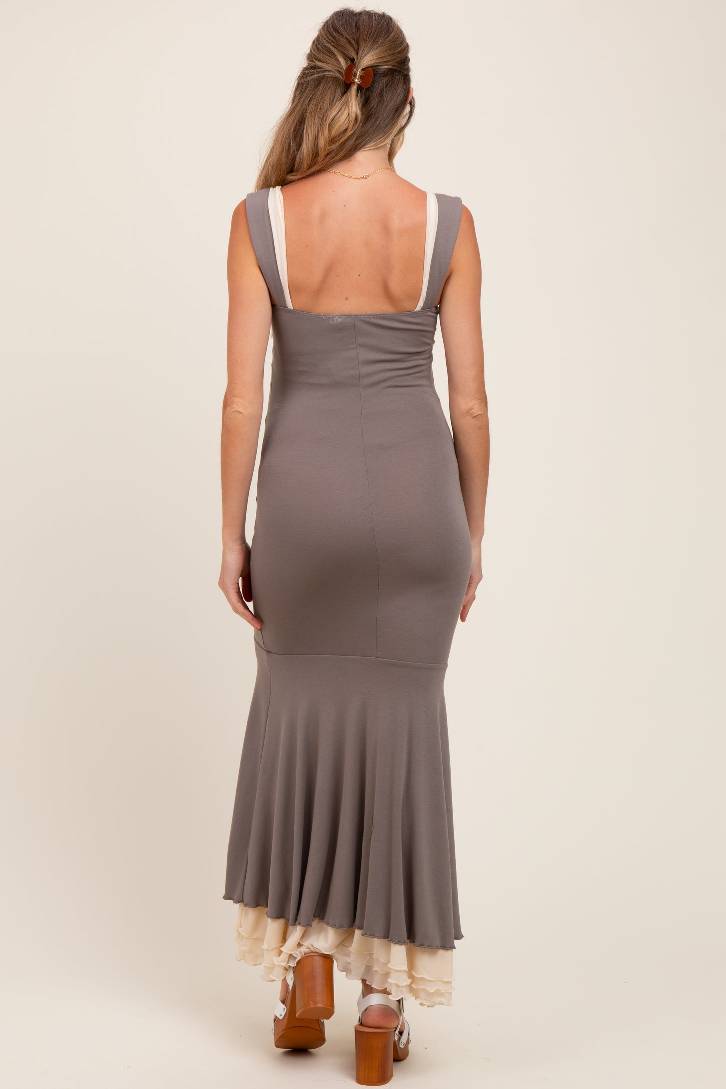 Taupe Knit Tie Detail Sleeveless Mermaid Maxi Maternity Dress – PinkBlush