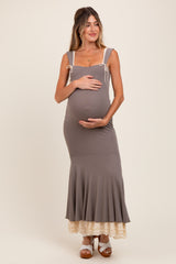 Taupe Knit Tie Detail Sleeveless Mermaid Maxi Maternity Dress