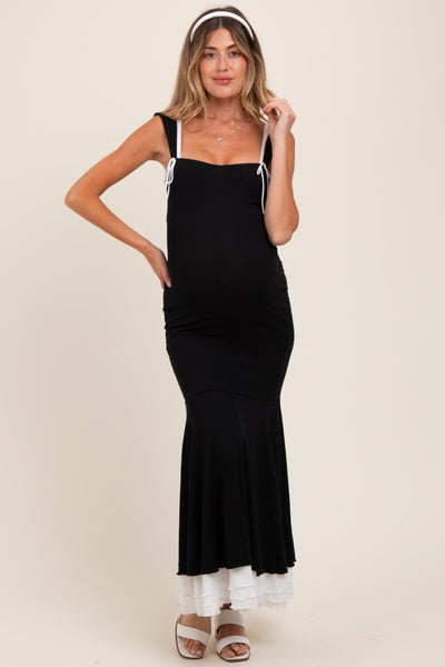 black mermaid maternity dress Black Knit Tie Detail Sleeveless Mermaid Maxi Maternity Dress – PinkBlush