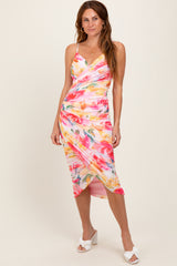 Pink Floral Ruched Tulip Hem Maternity Midi Dress