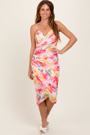 Pink Floral Ruched Tulip Hem Midi Dress