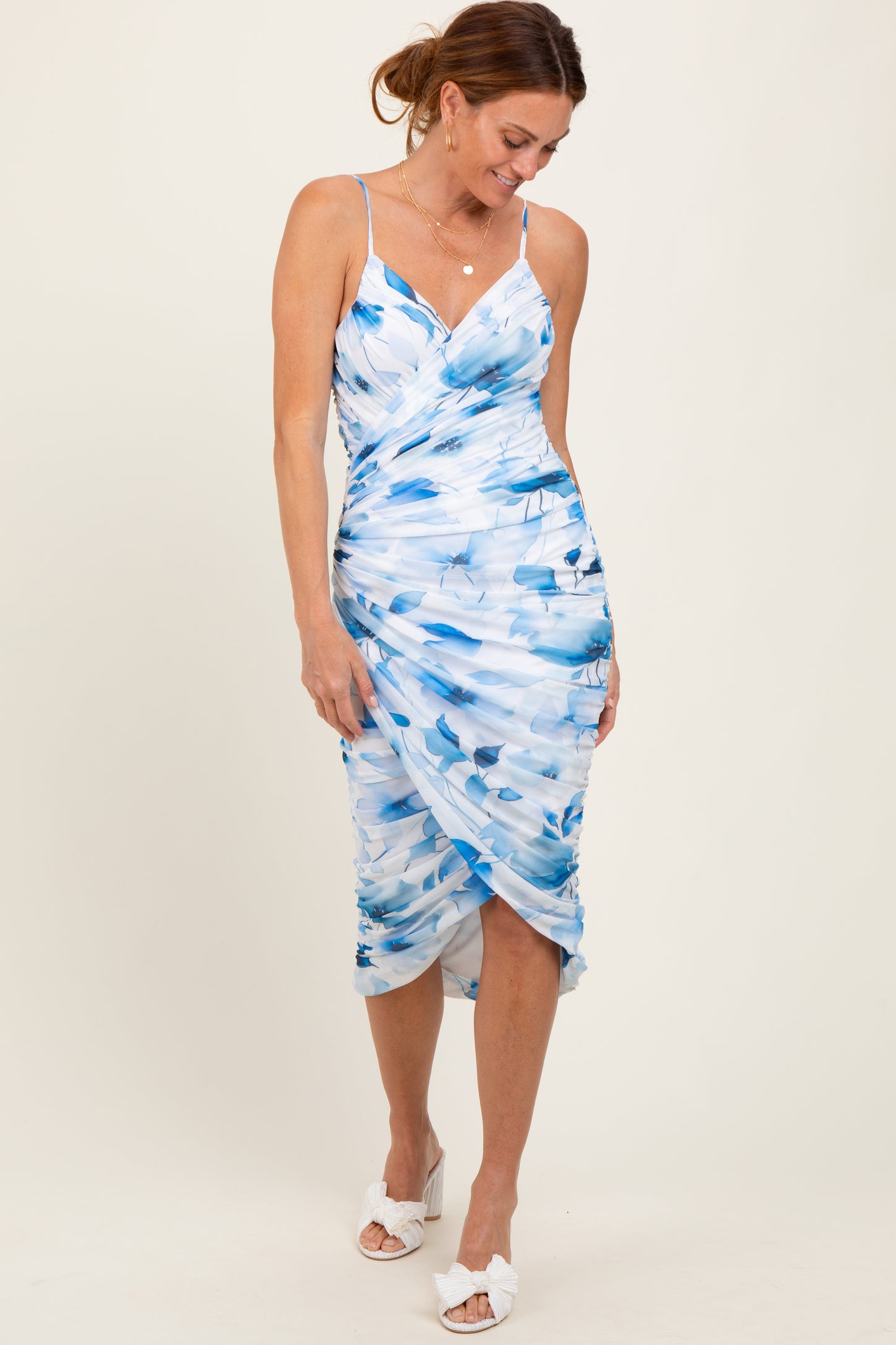 blue floral ruched dress Blue Floral Ruched Tulip Hem Maternity Midi Dress PinkBlush