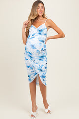 Blue Floral Ruched Tulip Hem Maternity Midi Dress