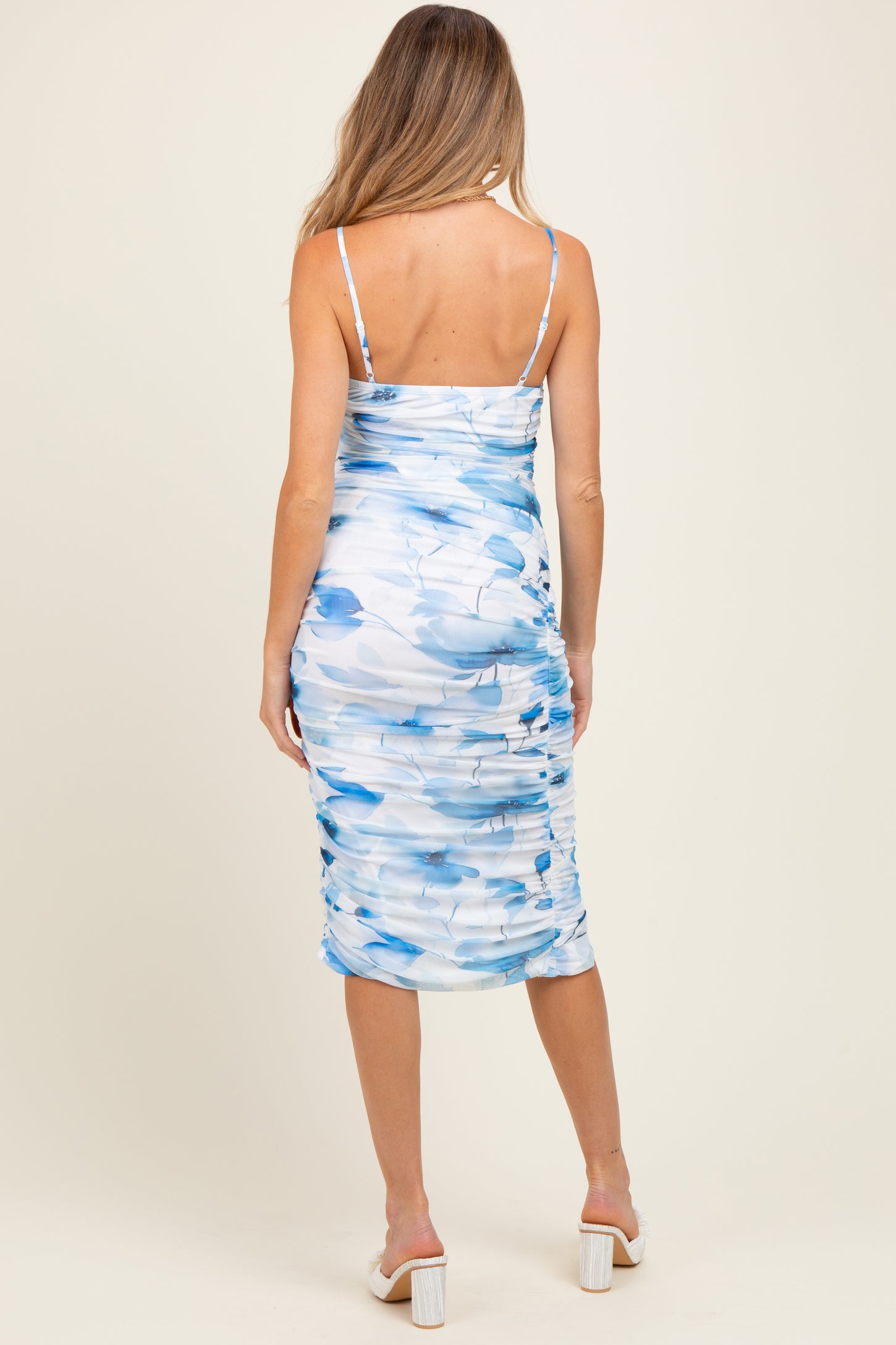 blue floral ruched midi dress Womens Roman Blue Petite Floral Ruched Midi Dress US 6