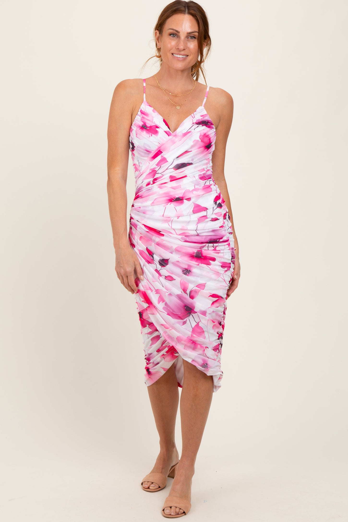 Pink Floral Ruched Tulip Hem Midi Dress