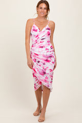 Pink Floral Ruched Tulip Hem Maternity Midi Dress