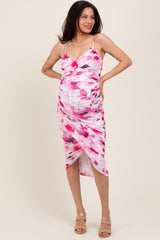 Pink Floral Ruched Tulip Hem Maternity Midi Dress