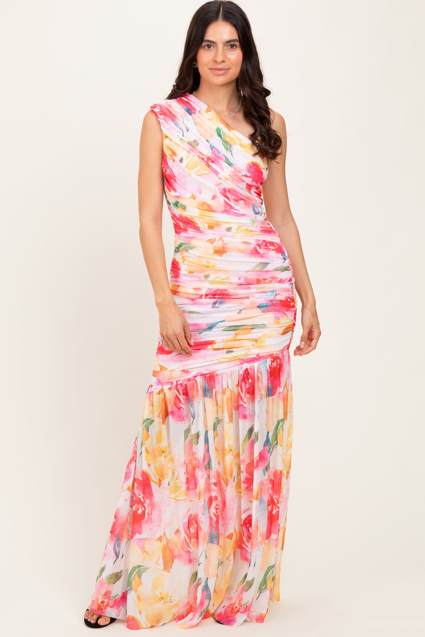 Pink Floral Ruched Mesh One Shoulder Maternity Maxi Dress