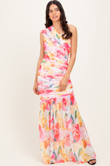 Pink Floral Ruched Mesh One Shoulder Maxi Dress