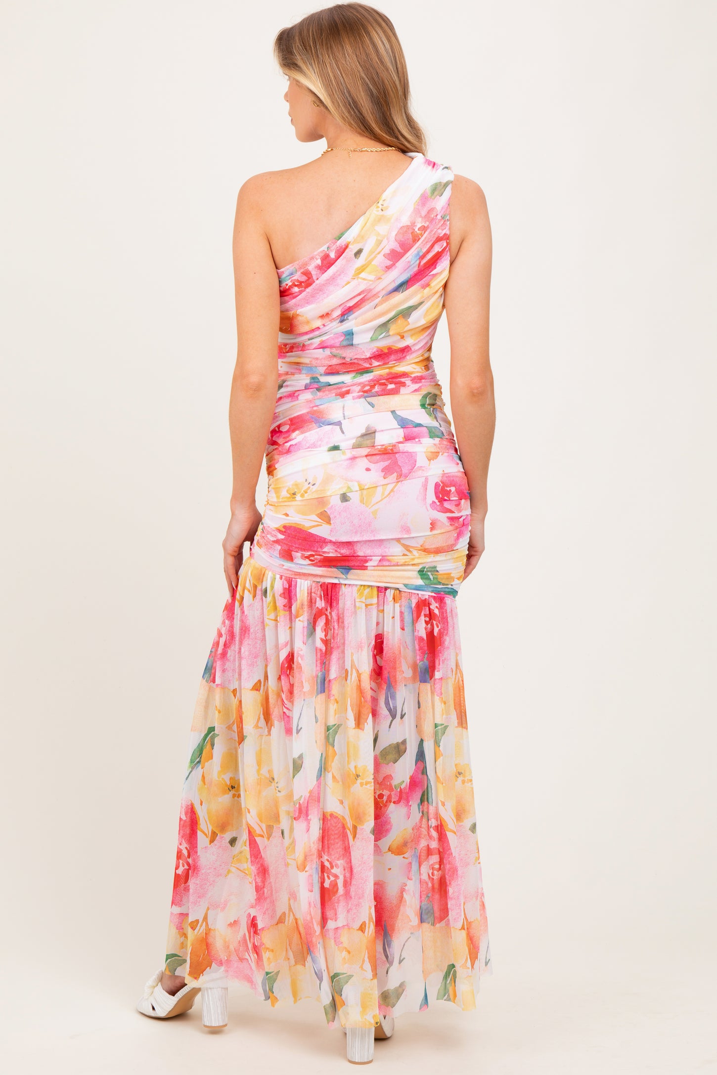 Pink Floral Ruched Mesh One Shoulder Maternity Maxi Dress