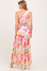 Pink Floral Ruched Mesh One Shoulder Maternity Maxi Dress