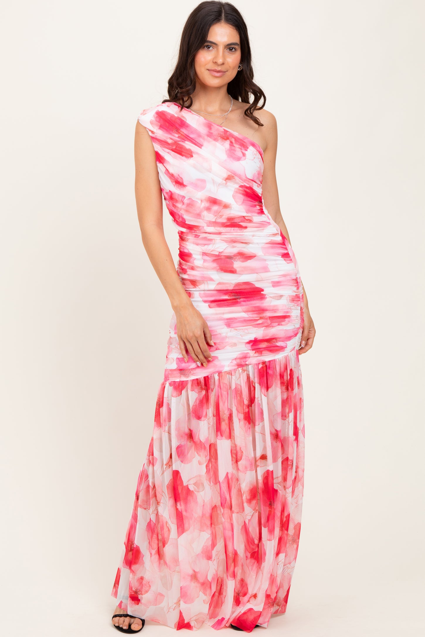 Fuchsia Floral Ruched Mesh One Shoulder Maxi Dress