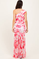 Fuchsia Floral Ruched Mesh One Shoulder Maxi Dress
