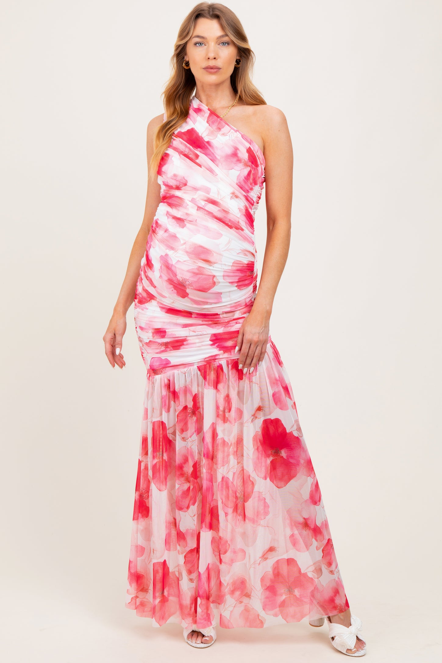 Fuchsia Floral Ruched Mesh One Shoulder Maternity Maxi Dress