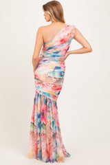 Multicolor Floral Ruched Mesh One Shoulder Maternity Maxi Dress