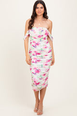 Fuchsia Floral Off Shoulder Ruched Mesh Midi Dress