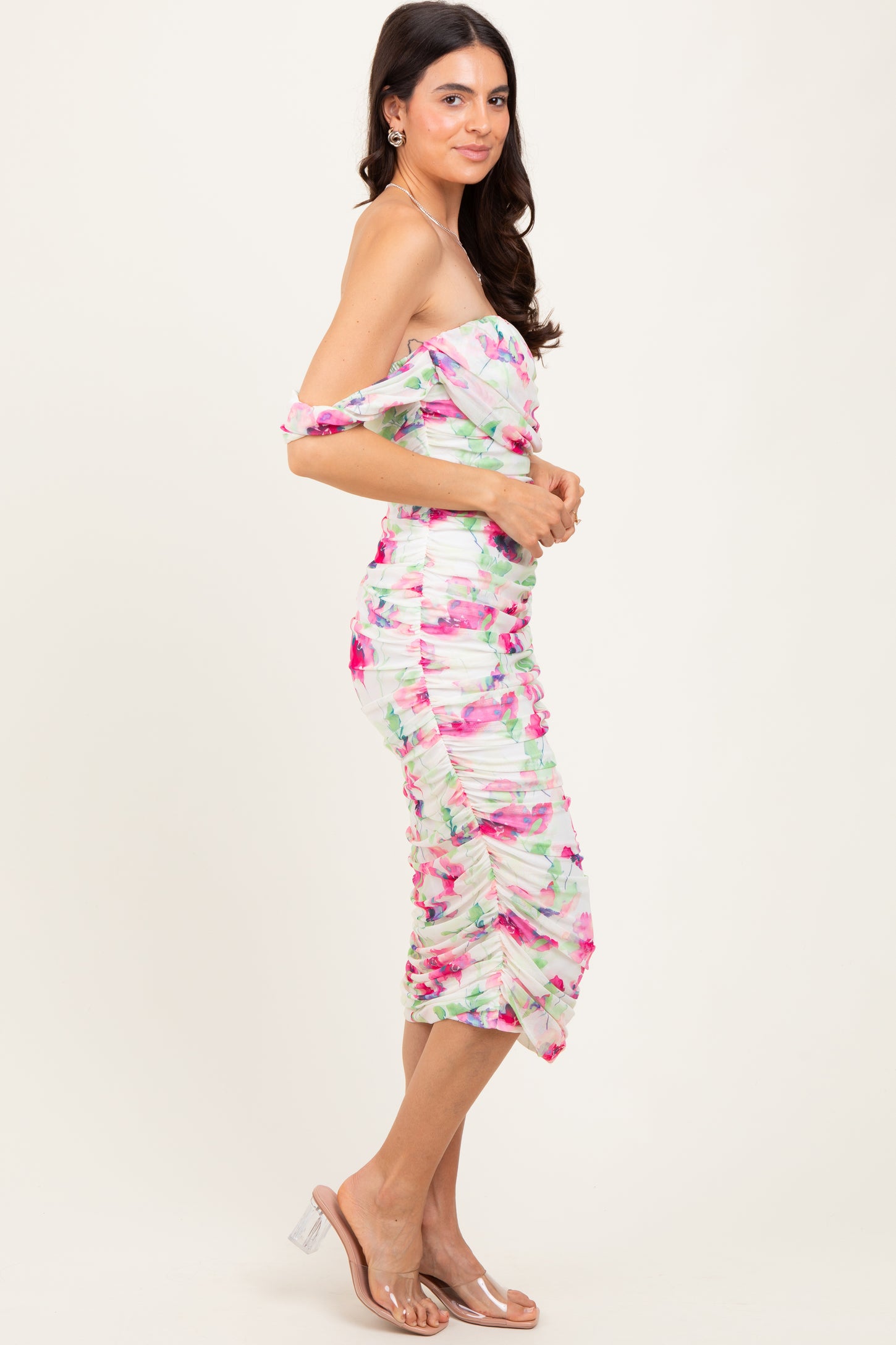 Fuchsia Floral Off Shoulder Ruched Mesh Midi Dress