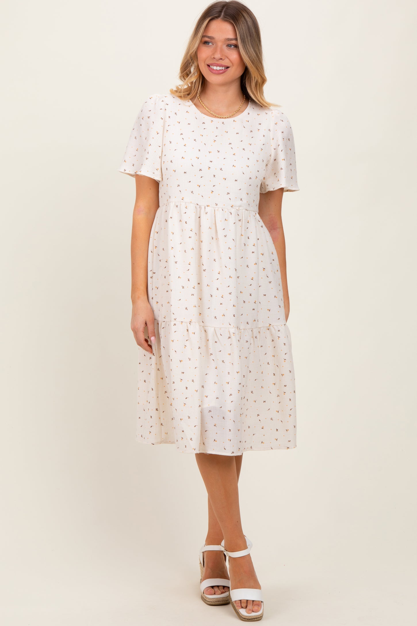 Ivory Floral Short Sleeve Tiered Midi Dress