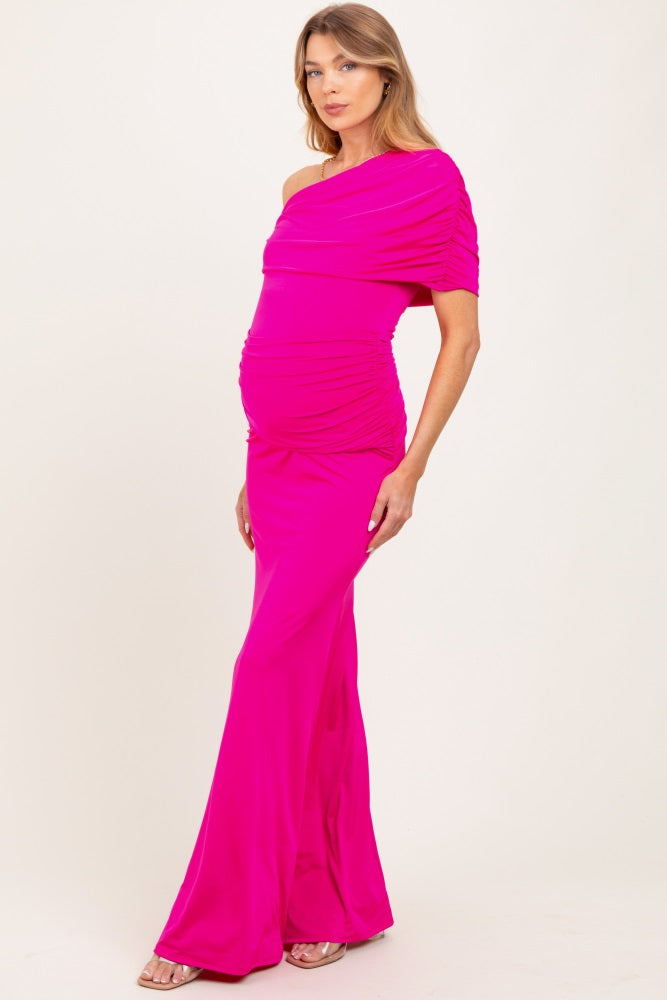 Pink Off Shoulder Foldover Ruched Maternity Maxi Dress Pink Off Shoulder Foldover Ruched Maternity Maxi Dress