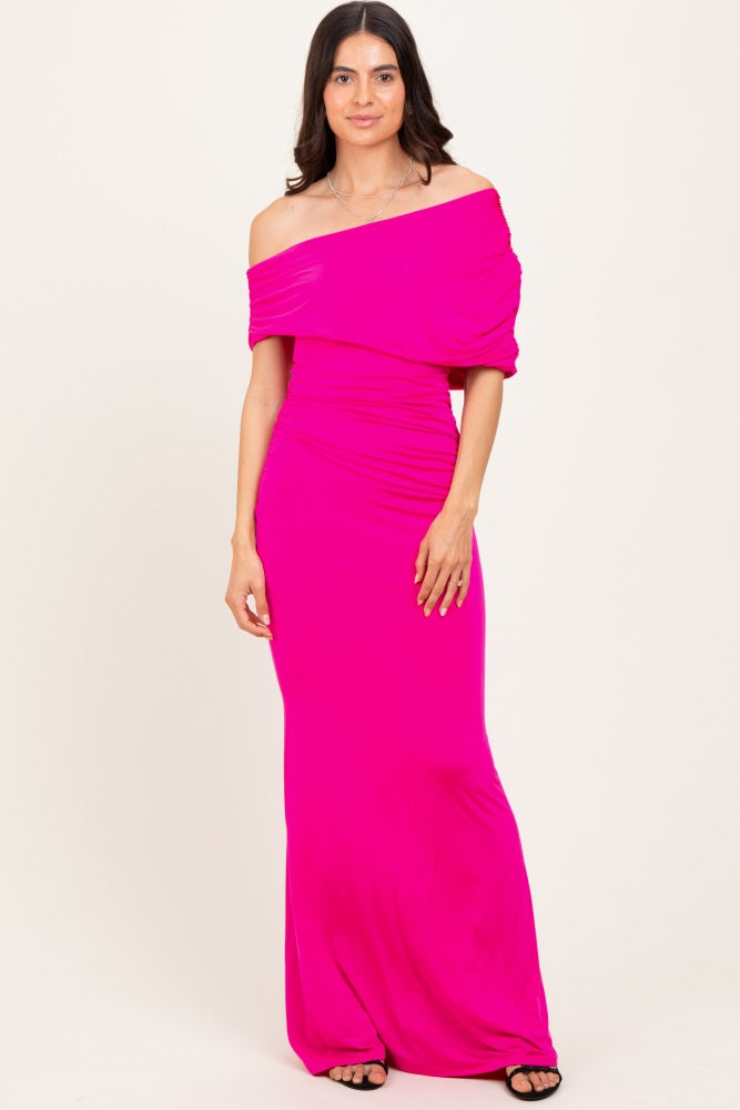 Pink Off Shoulder Foldover Ruched Maxi Dress