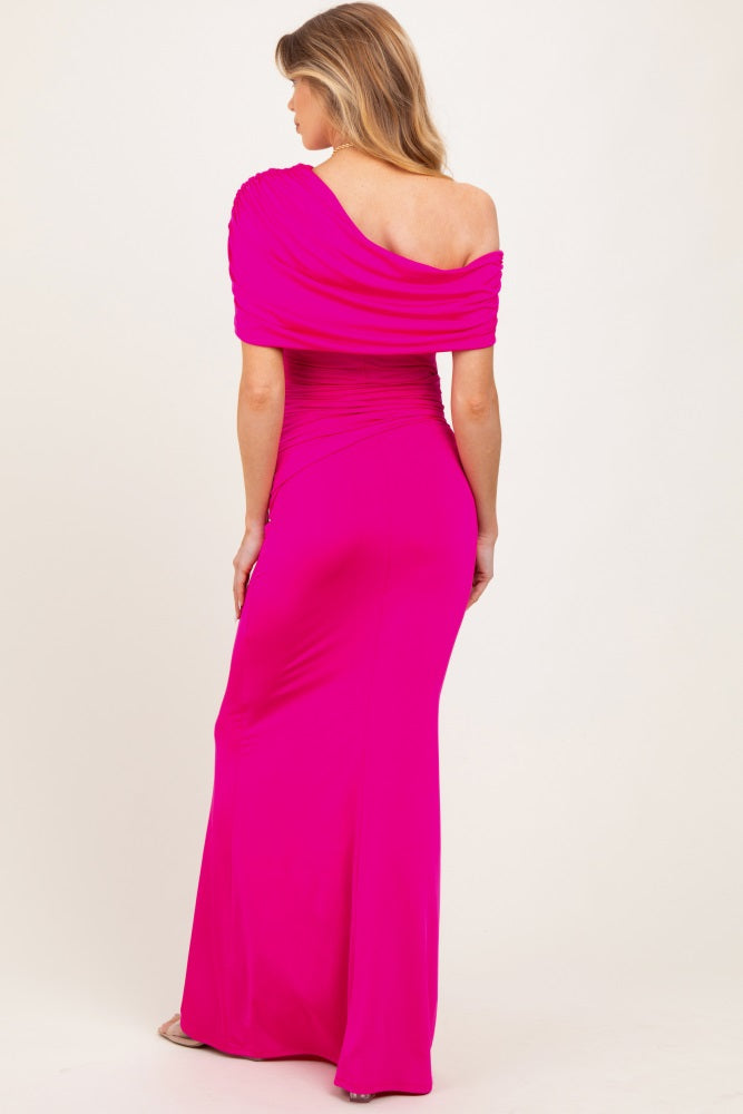 Pink Off Shoulder Foldover Ruched Maternity Maxi Dress Pink Off Shoulder Foldover Ruched Maternity Maxi Dress