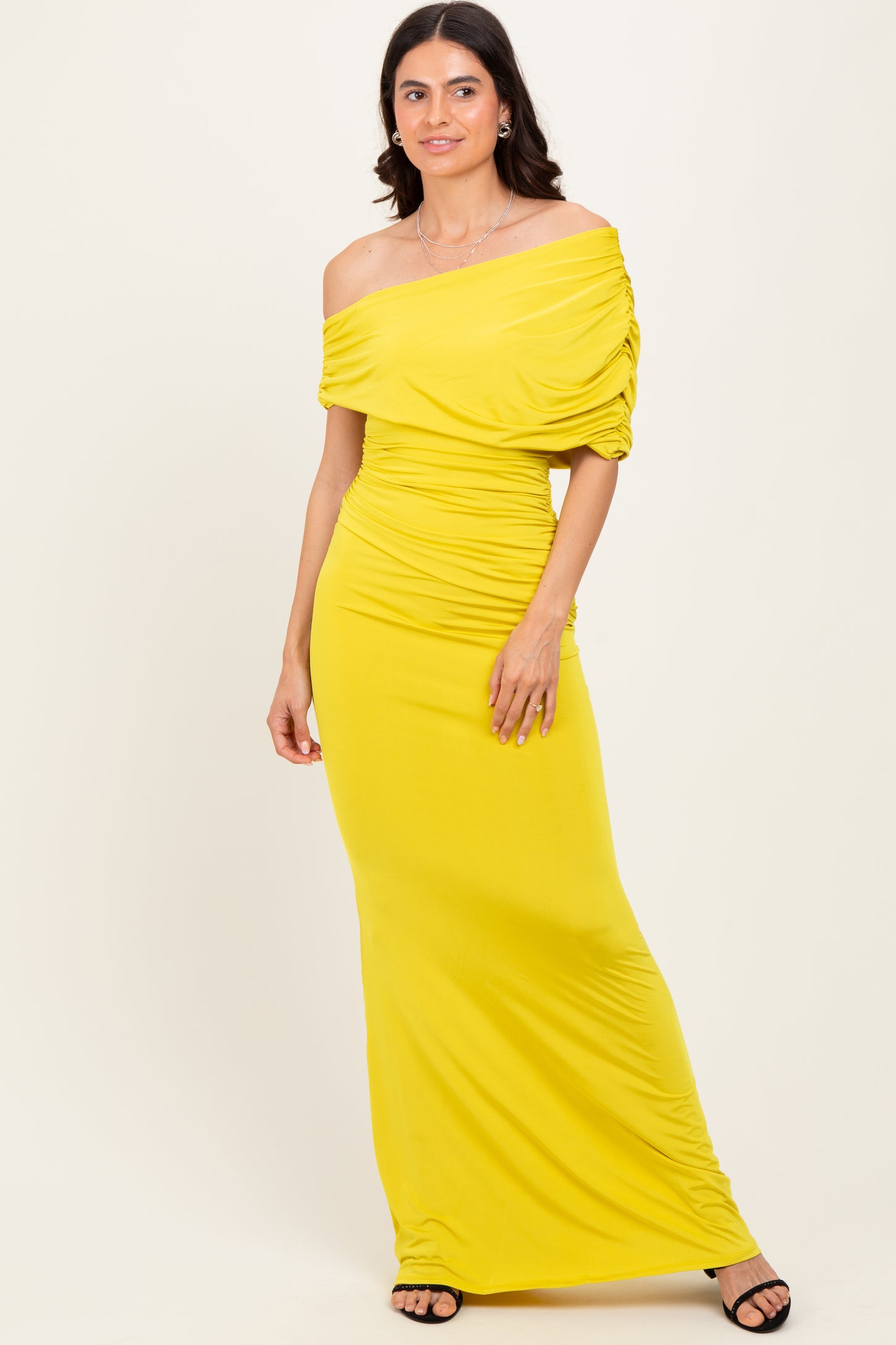 Lime Off Shoulder Foldover Ruched Maxi Dress