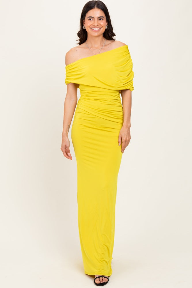 Lime Off Shoulder Foldover Ruched Maternity Maxi Dress