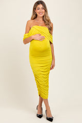 Lime Off Shoulder Draped Ruched Maternity Midi Dress